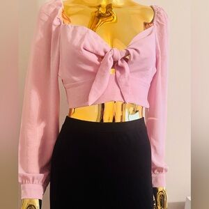 Fashion Nova Pink Keeping Up Tie-Front Long Sleeve Crop Top